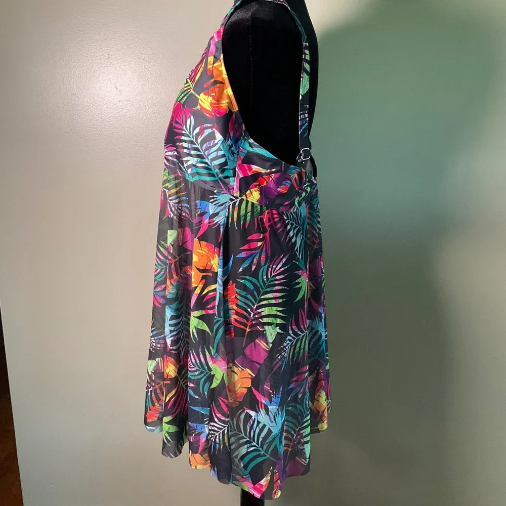 4XL Tropical Palm  Print Swim Dress Tankini Top Mesh Overlay Cover Up Front Slit